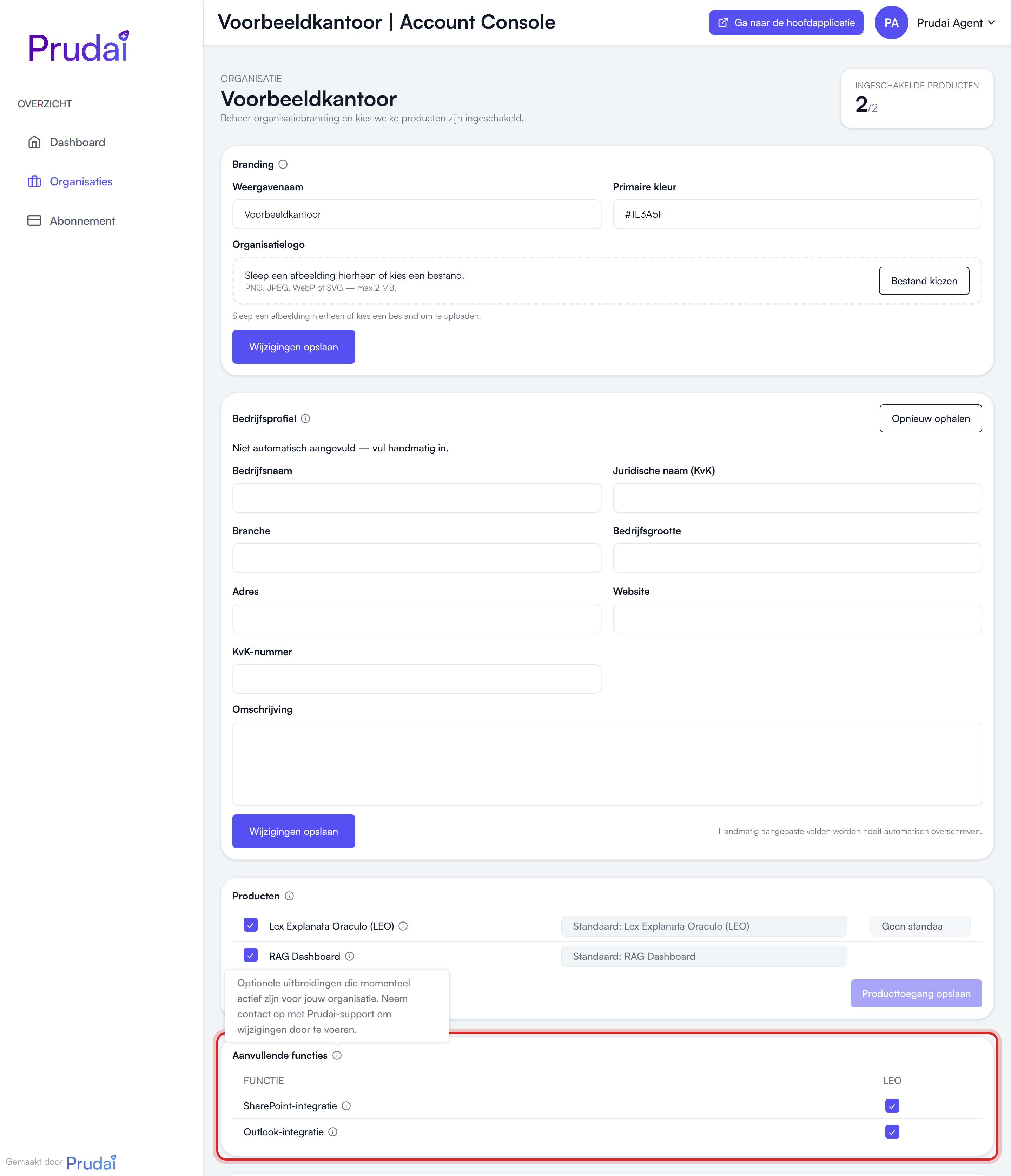 De organisatiepagina in het Account Dashboard, gezien als eigenaar: Branding, Bedrijfsprofiel, Producten en Aanvullende functies met SharePoint- en Outlook-integratie