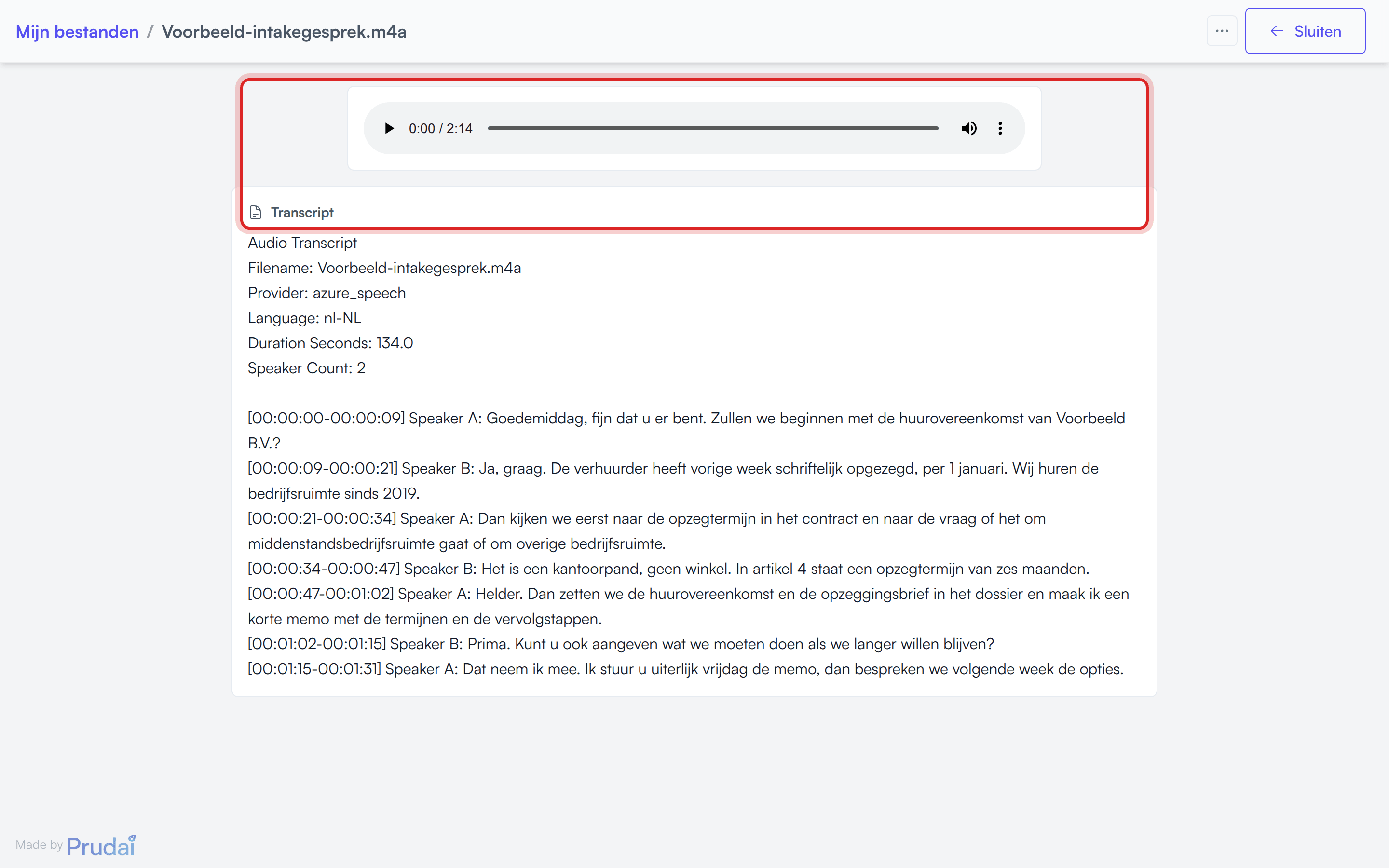 Het voorbeeldscherm van een audiobestand: de speler bovenaan, het transcript eronder