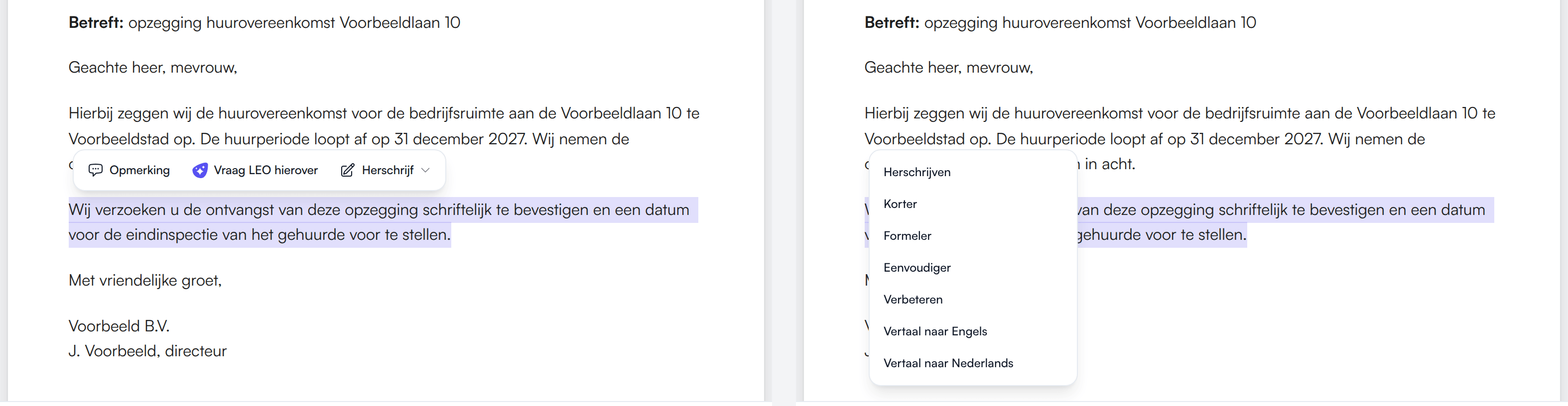 Links het menu bij geselecteerde tekst met Opmerking, Vraag LEO hierover en Herschrijf; rechts de uitgeklapte opties van Herschrijf, van Herschrijven tot Vertaal naar Nederlands