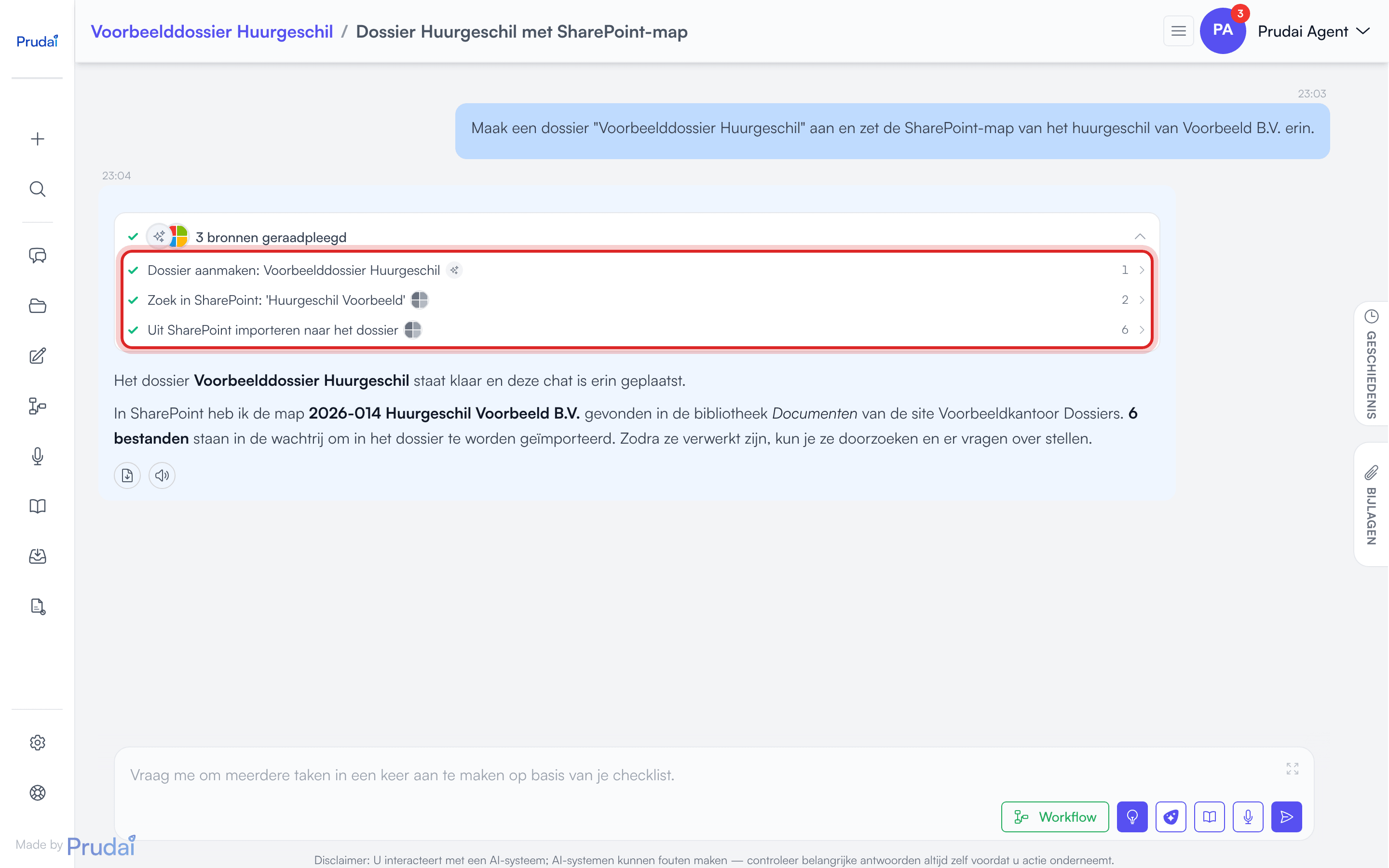 LEO maakt vanuit de chat een dossier aan, zoekt de map in SharePoint en zet zes bestanden klaar voor import