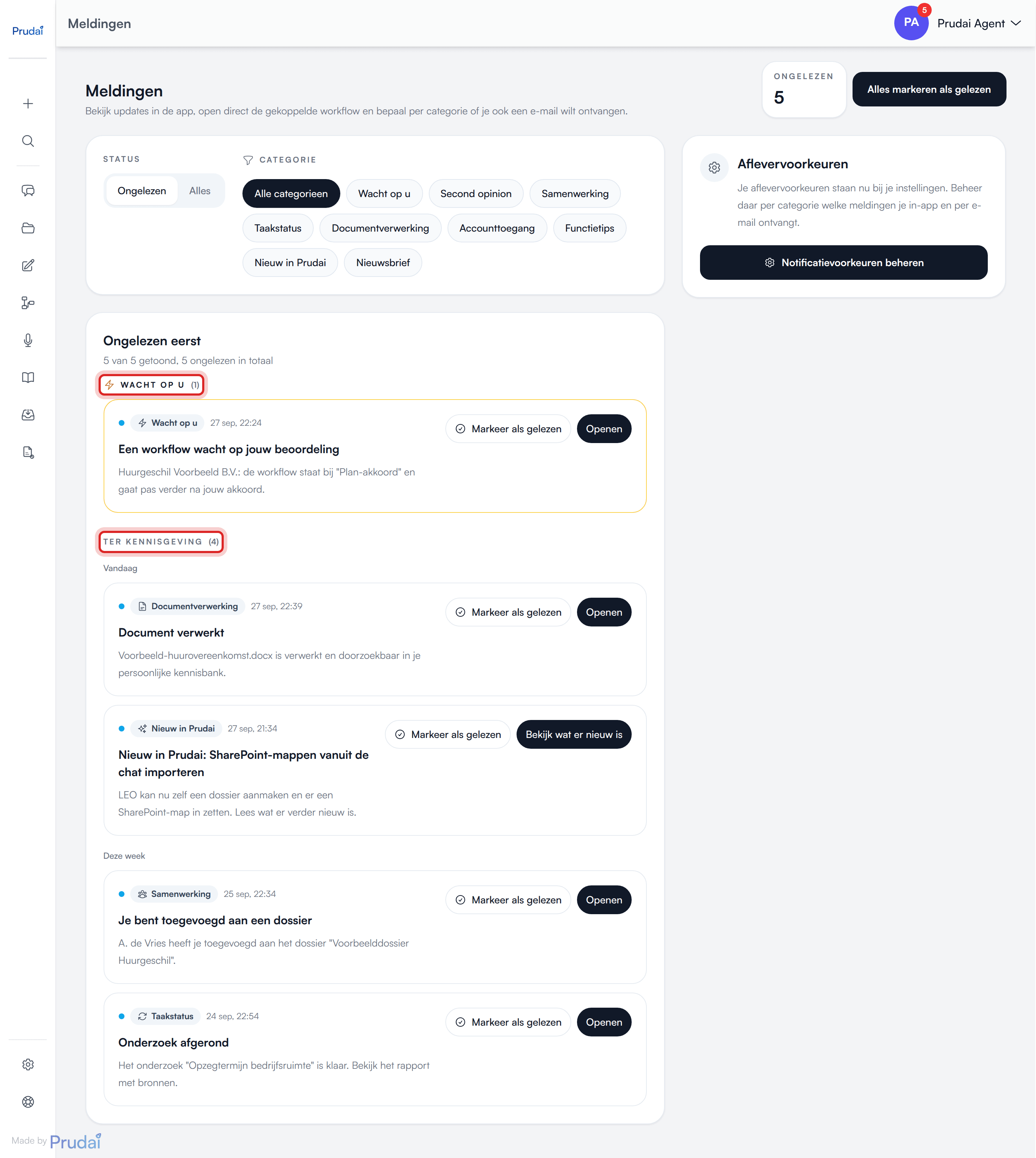 De meldingenpagina met filters op status en categorie, de zones Wacht op u en Ter kennisgeving gegroepeerd per datum, en rechts de kaart Aflevervoorkeuren