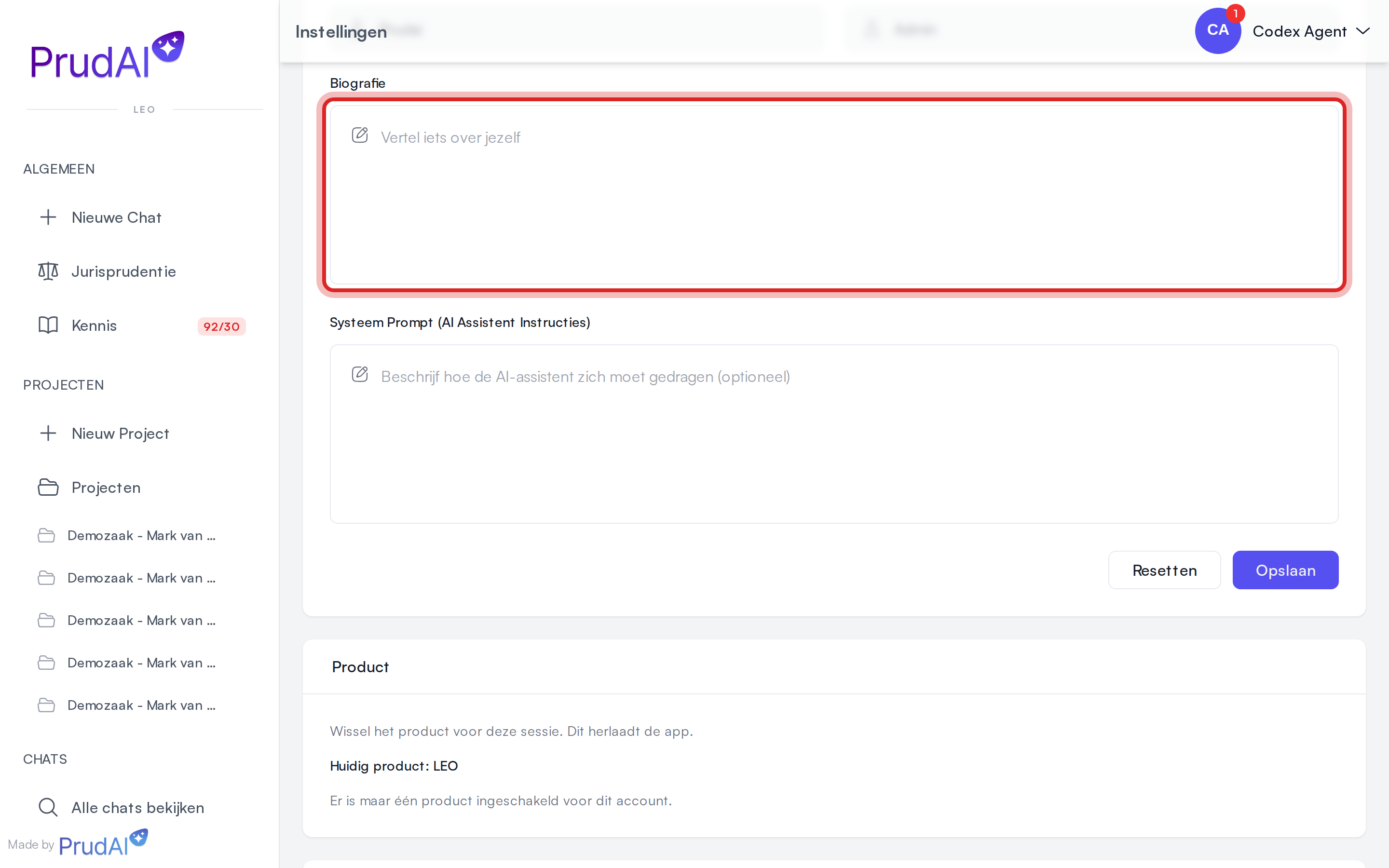 De persoonlijke instructies in het profiel op de instellingenpagina