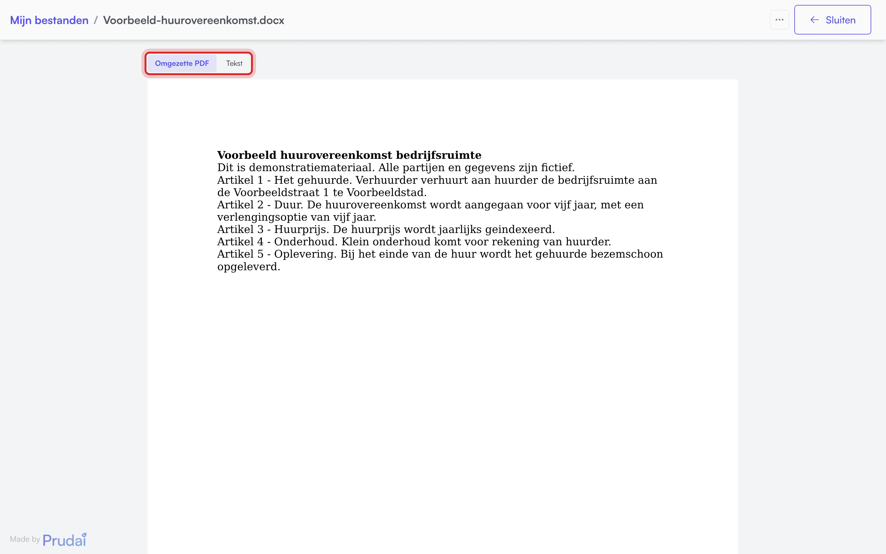 Het voorbeeldscherm van een Word-document, met bovenaan de keuze tussen Omgezette PDF en Tekst