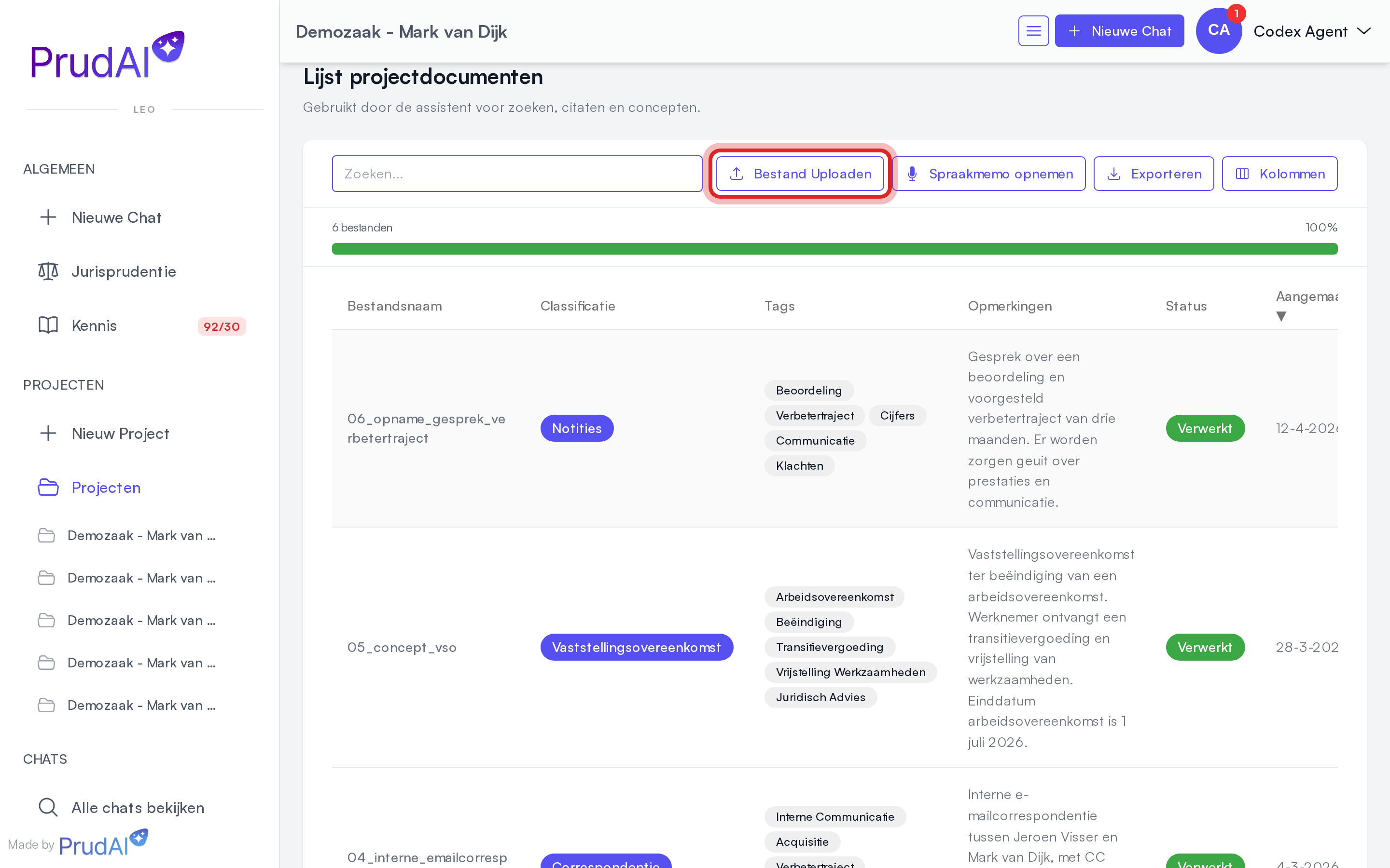 De documentenlijst van een project met verwerkingsstatus per stuk