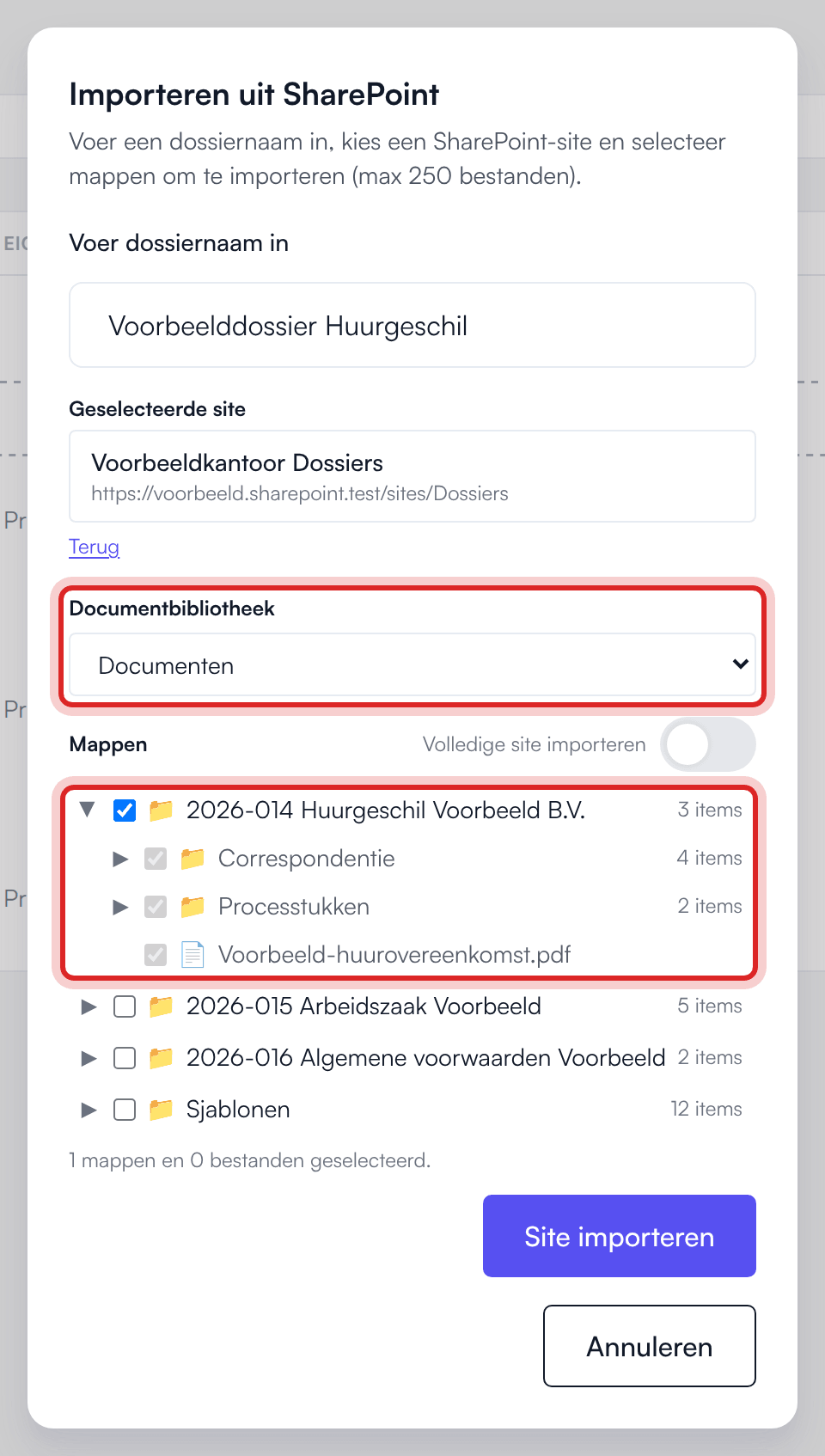 Importeren uit SharePoint: site en documentbibliotheek gekozen, één map aangevinkt; de submappen en het bestand eronder zijn grijs mee aangevinkt