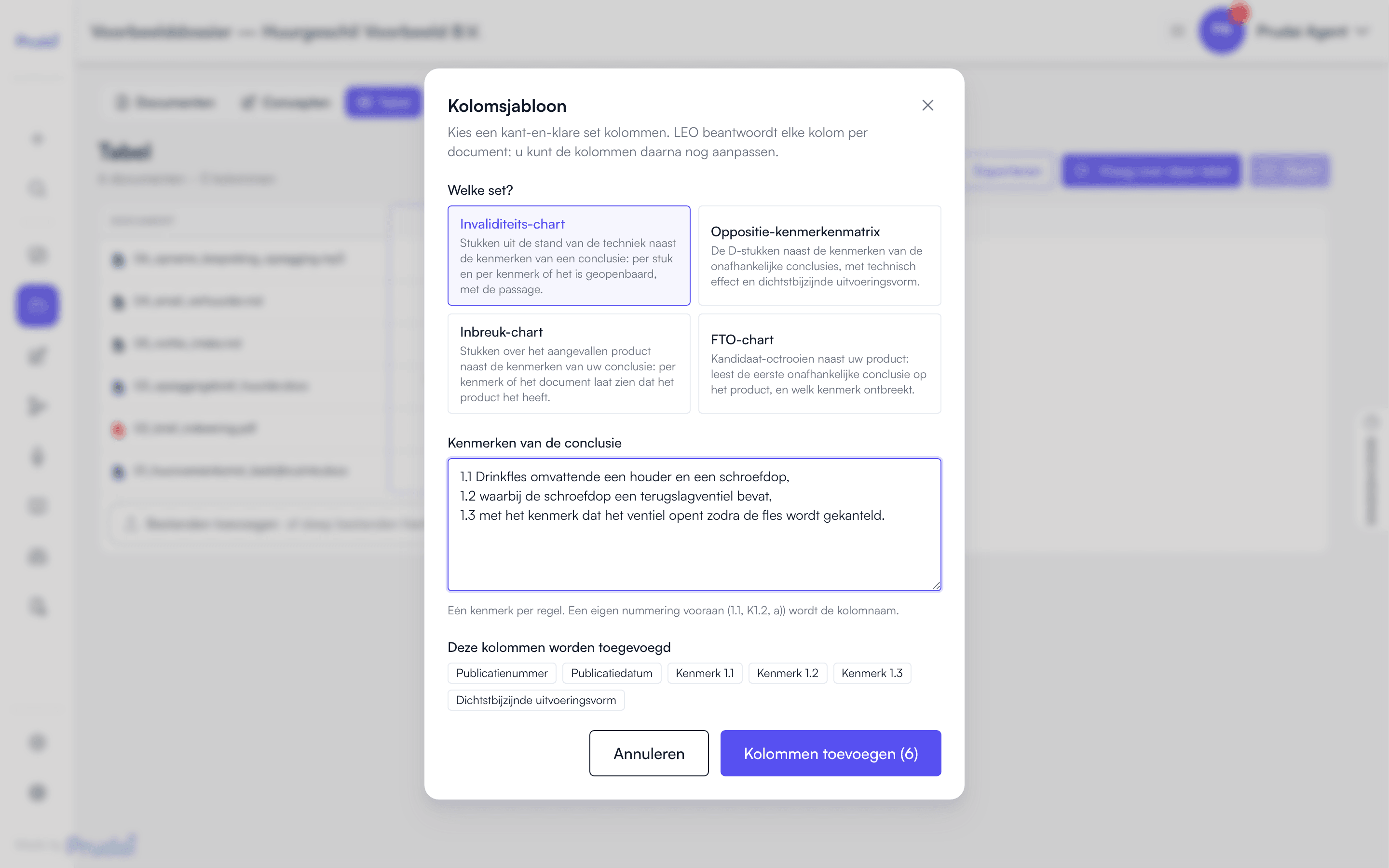 Het venster Kolomsjabloon: de Invaliditeits-chart gekozen, drie kenmerken van de conclusie ingevuld en de kolommen die worden toegevoegd