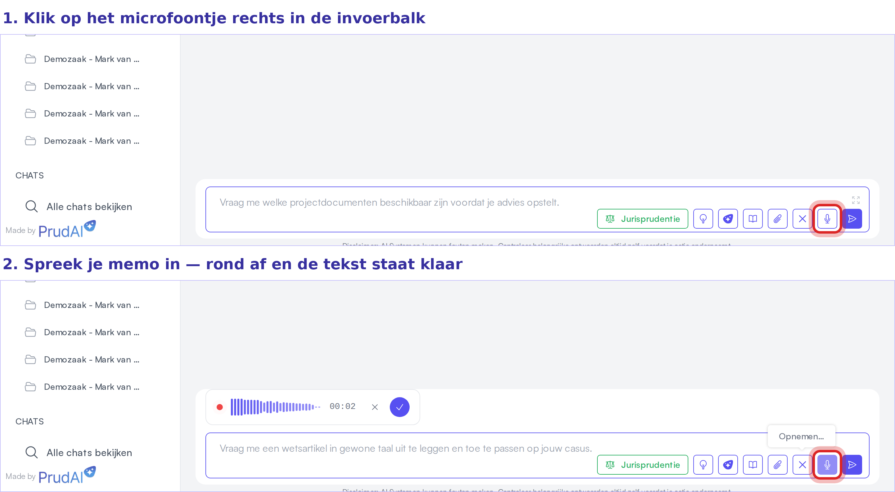 De opnamemodus in de chat, gestart via het microfoontje rechts in de invoerbalk