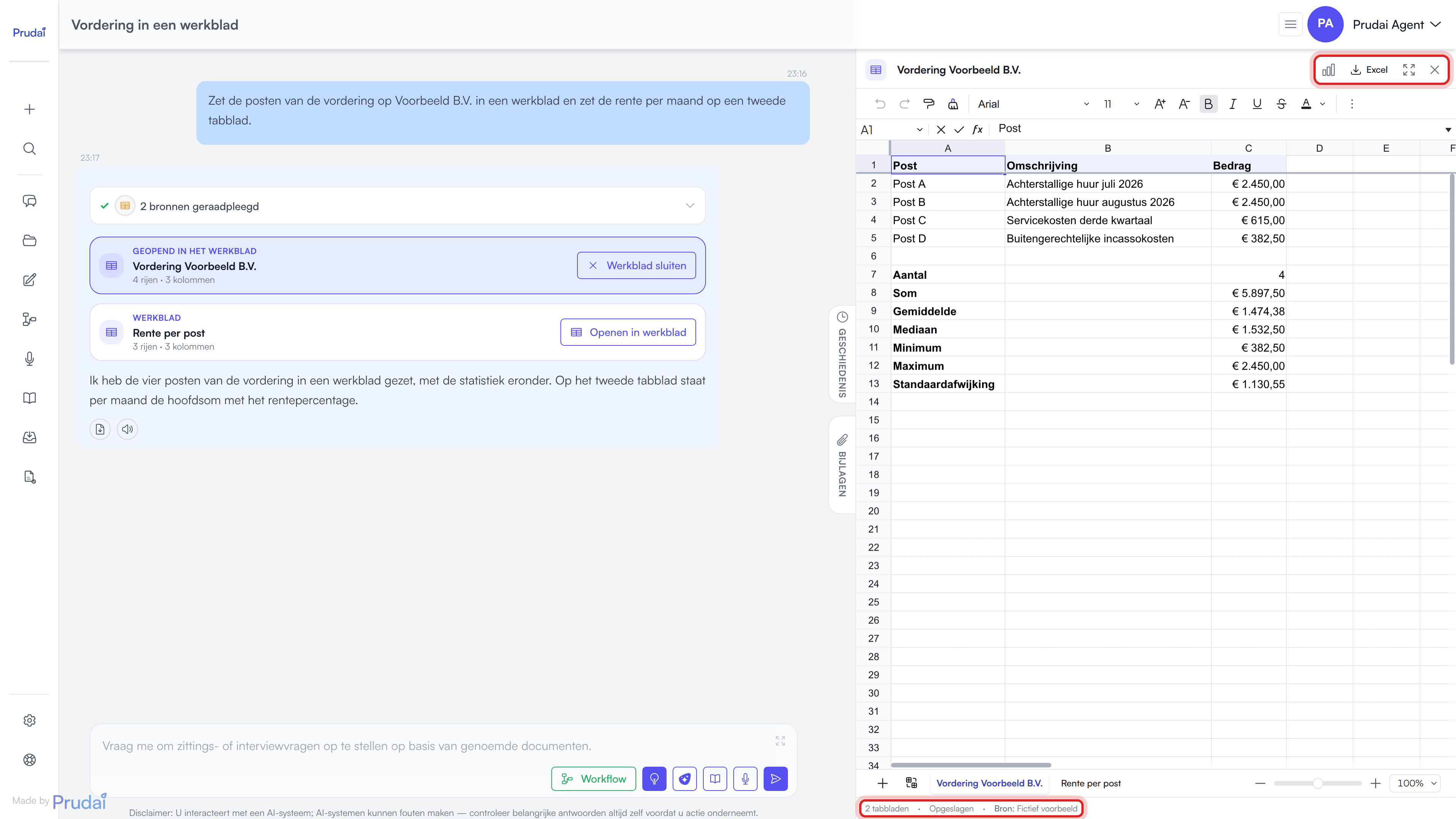 Het werkboek naast de chat, met rechtsboven de knoppen voor grafiek, Excel, focus en sluiten, de statistiek onder de gegevens, twee tabbladen en onderaan de statusbalk