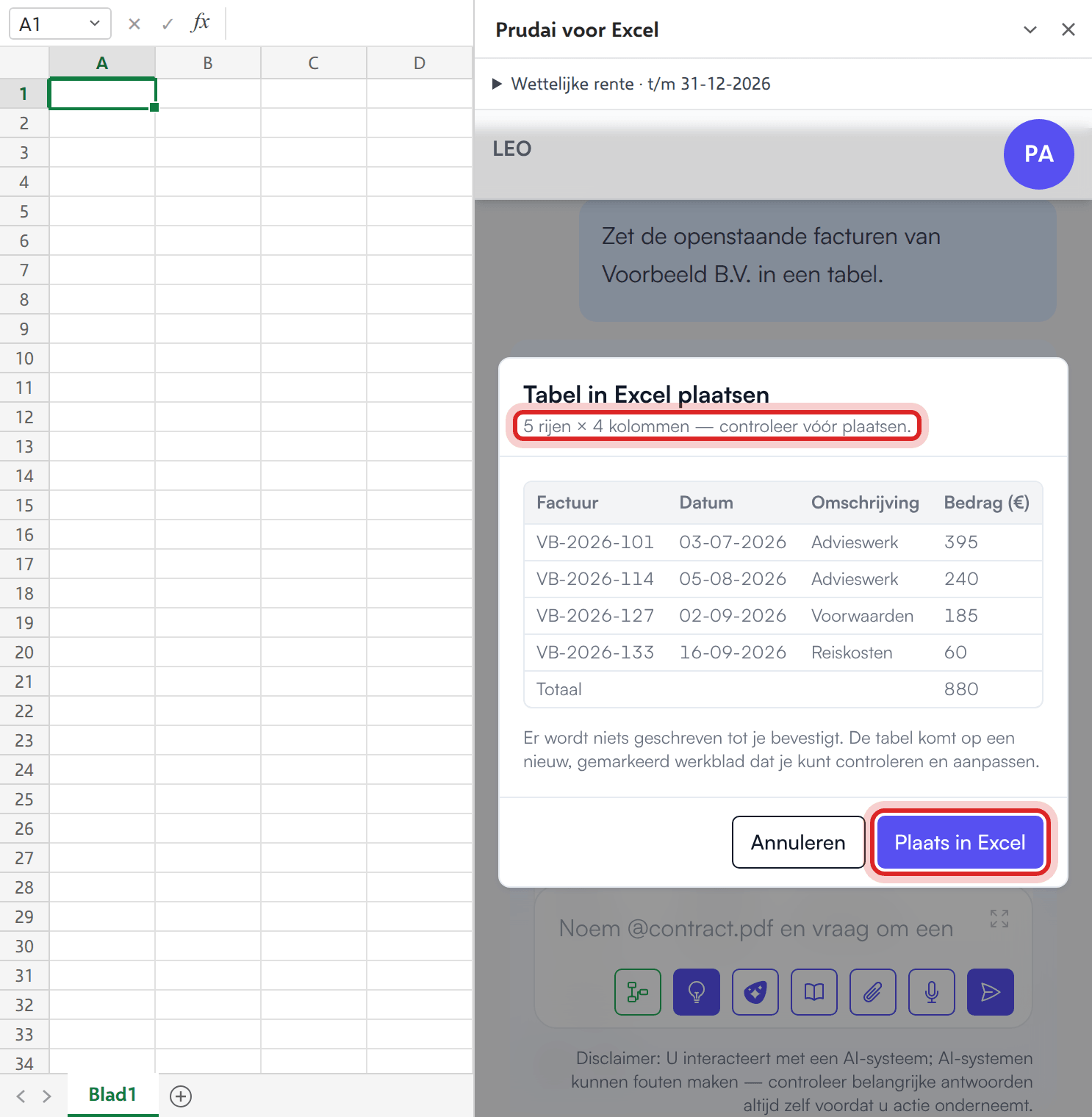 Het venster Tabel in Excel plaatsen in het taakvenster van Prudai voor Excel, met 5 rijen × 4 kolommen, een voorbeeld van alle rijen en de knoppen Annuleren en Plaats in Excel