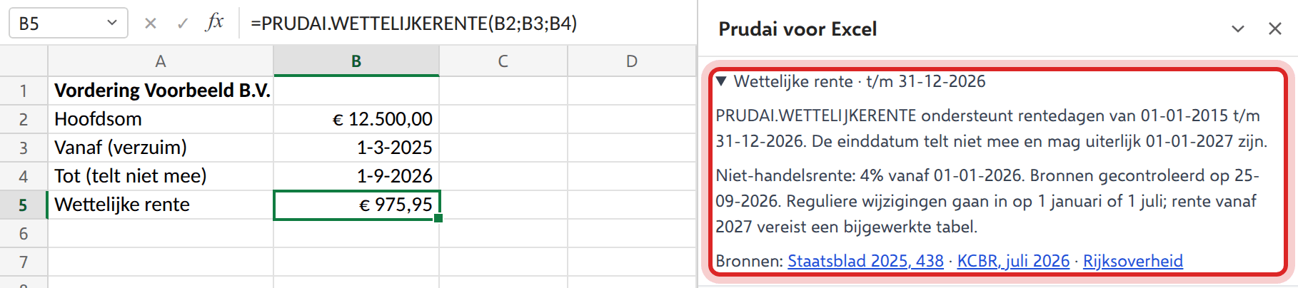 De uitgeklapte regel 'Wettelijke rente · t/m 31-12-2026' in het taakvenster van Prudai voor Excel, met periode, tarief en bronnen, naast een cel die =PRUDAI.WETTELIJKERENTE gebruikt
