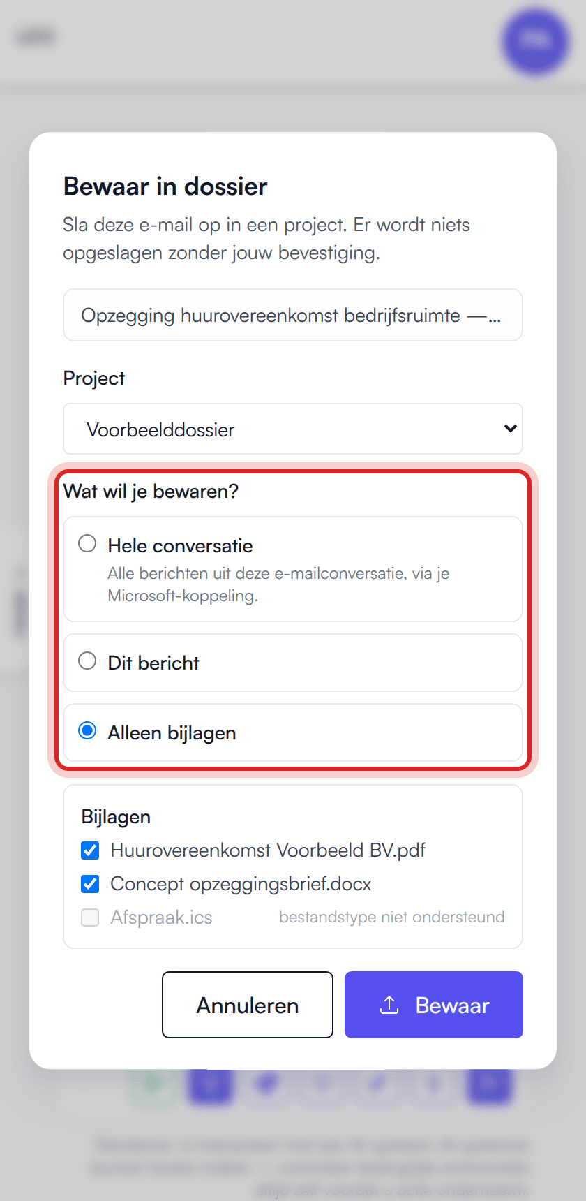 Het venster 'Bewaar in dossier' in Prudai voor Outlook met de keuzes Hele conversatie, Dit bericht en Alleen bijlagen; een niet-ondersteunde bijlage staat grijs