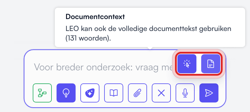 De knoppen Selectiecontext en Documentcontext in het invoerveld van Prudai For Word, met de tooltip die het aantal woorden van het document noemt